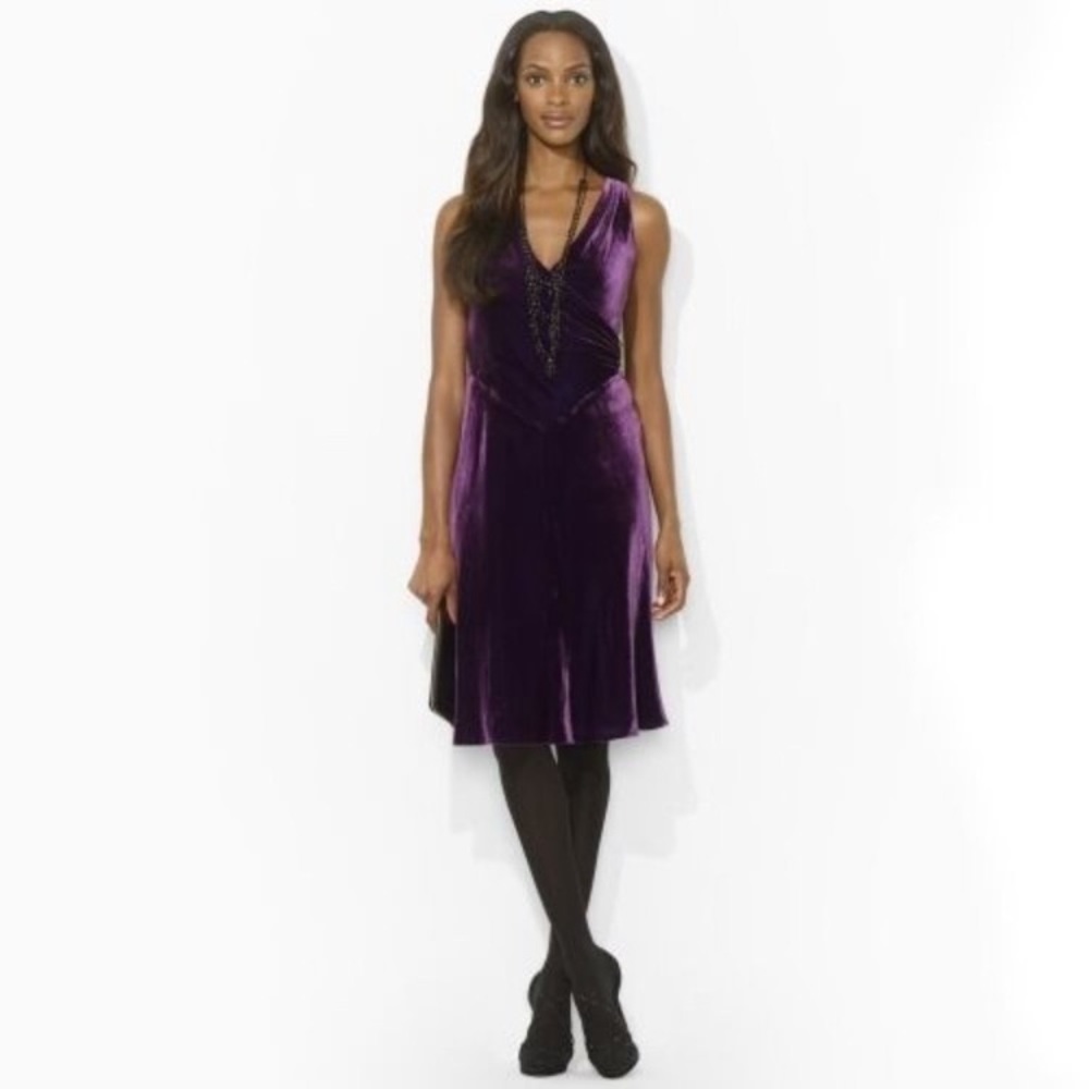 **NWOT ** Ralph Lauren Deep Purple Silk Velvet Wrap Look Brooch Buckle Dress 8